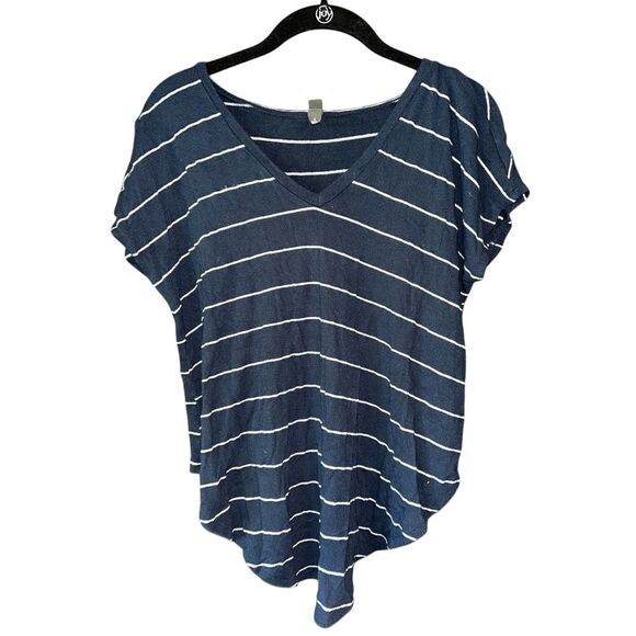 Casual Navy Blue and White Striped V-Neck Short Sleeve T-Shirt Top‎ - Picture 1 of 4